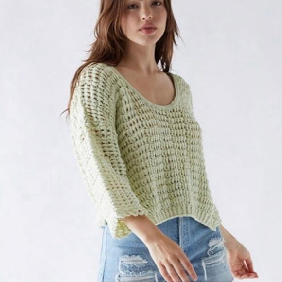 Free‎ People Cozy Pullover Sweater Sugared Mint Sz S Open Knit Cropped Crochet - Picture 1 of 10